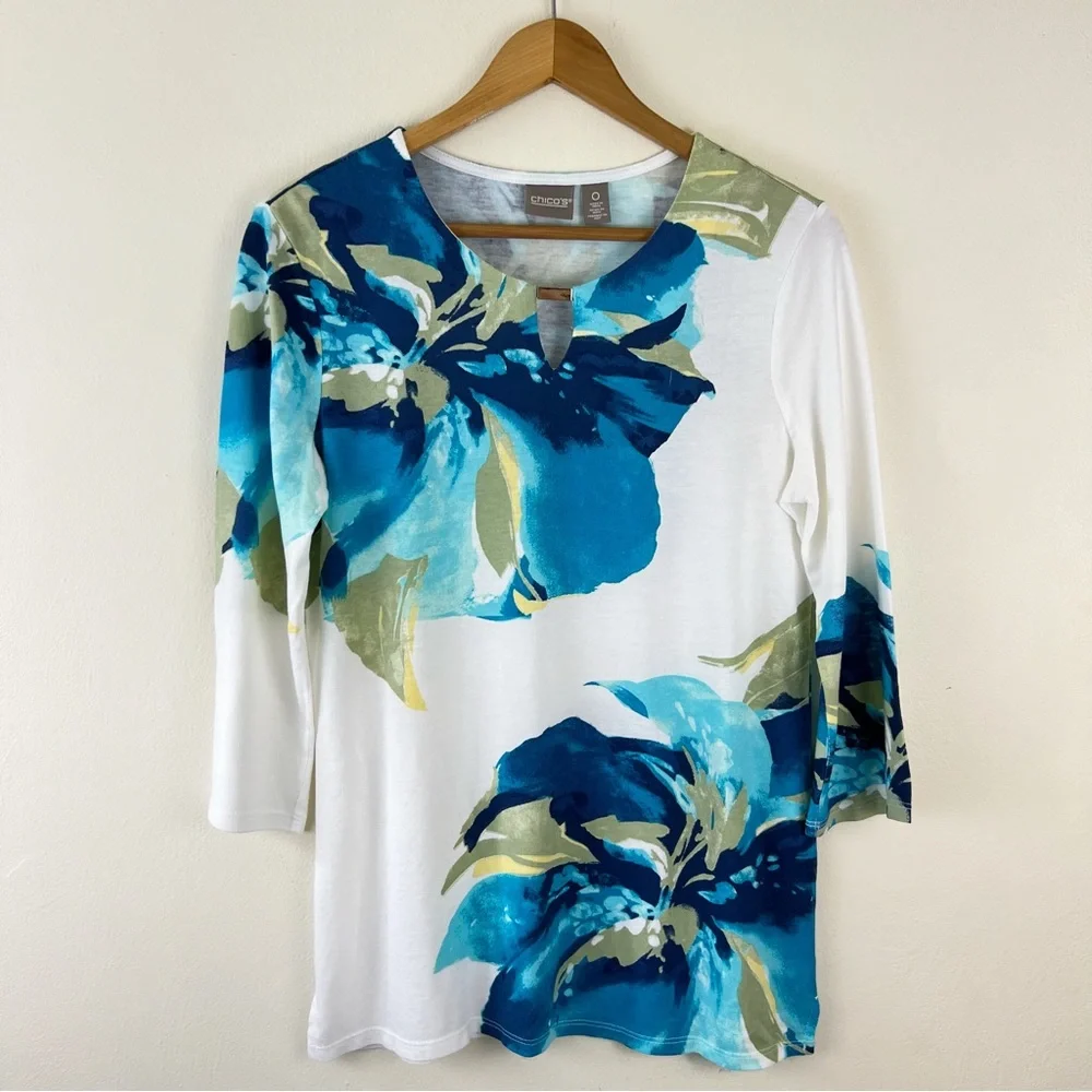 Chicos Iris Bloom Floral Petals Modal Cotton Blend 3/4 Sleeve Tunic - Picture 2 of 11